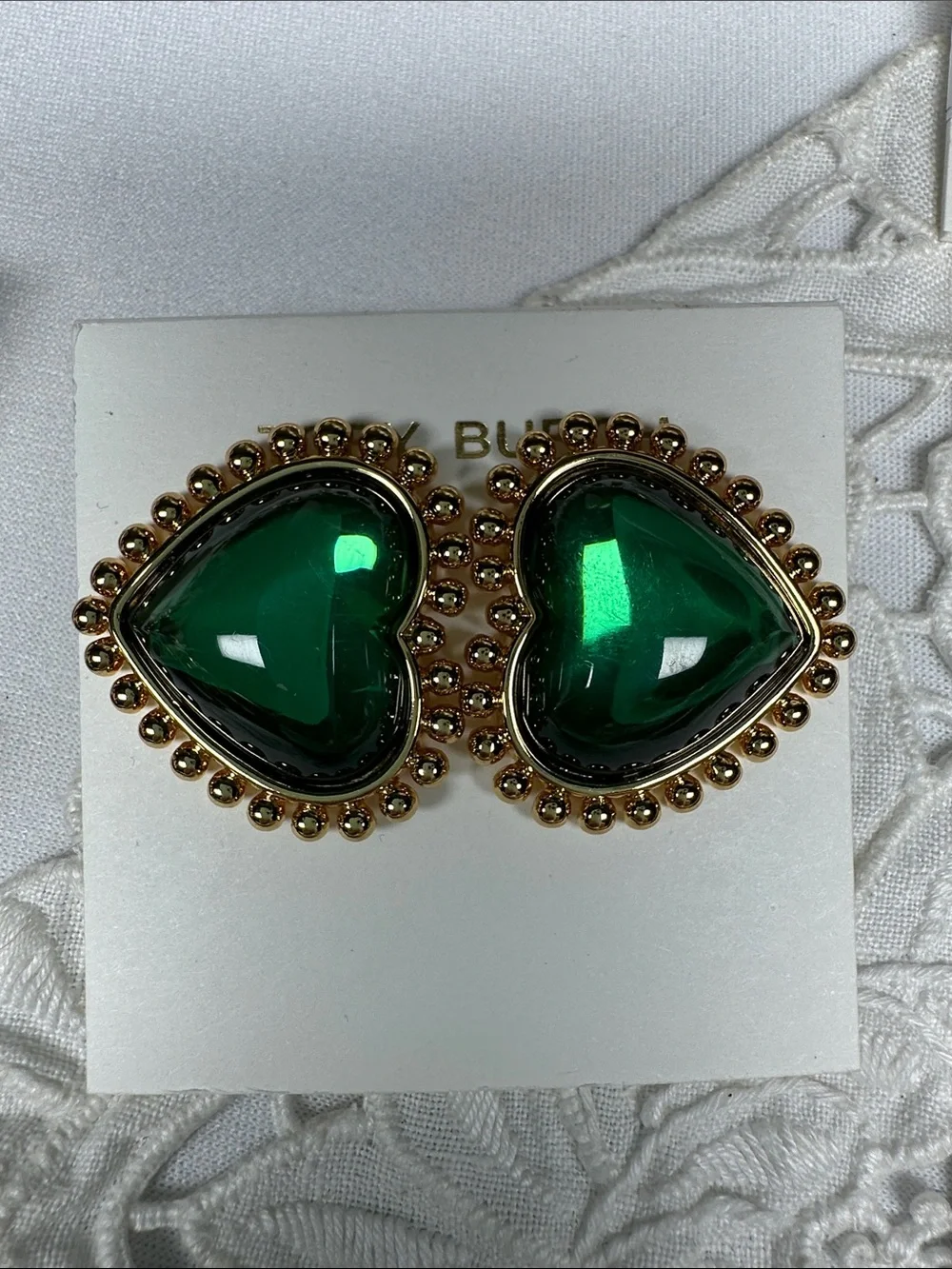 Tory Burch Emerald Green Heart Earrings with Gold Bead Trim